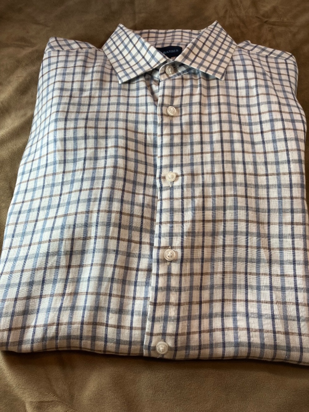 Scott Barber Men's Tattersal 100% Linen Shirt White, Brown, Blue Size XXL Tall